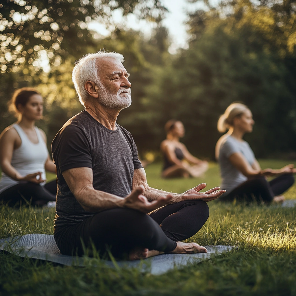 Літні люди займаються йогою у парку